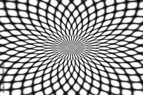 Abstrakcyjny geometryczny układ czarnych siatkowych rozmytych linii na białym tle skupionych centralnie - tapeta, tekstura, kalejdoskop