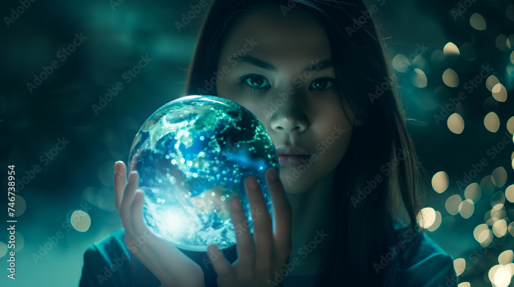Naklejka premium Global Impact: Female Leader with Digital Sphere