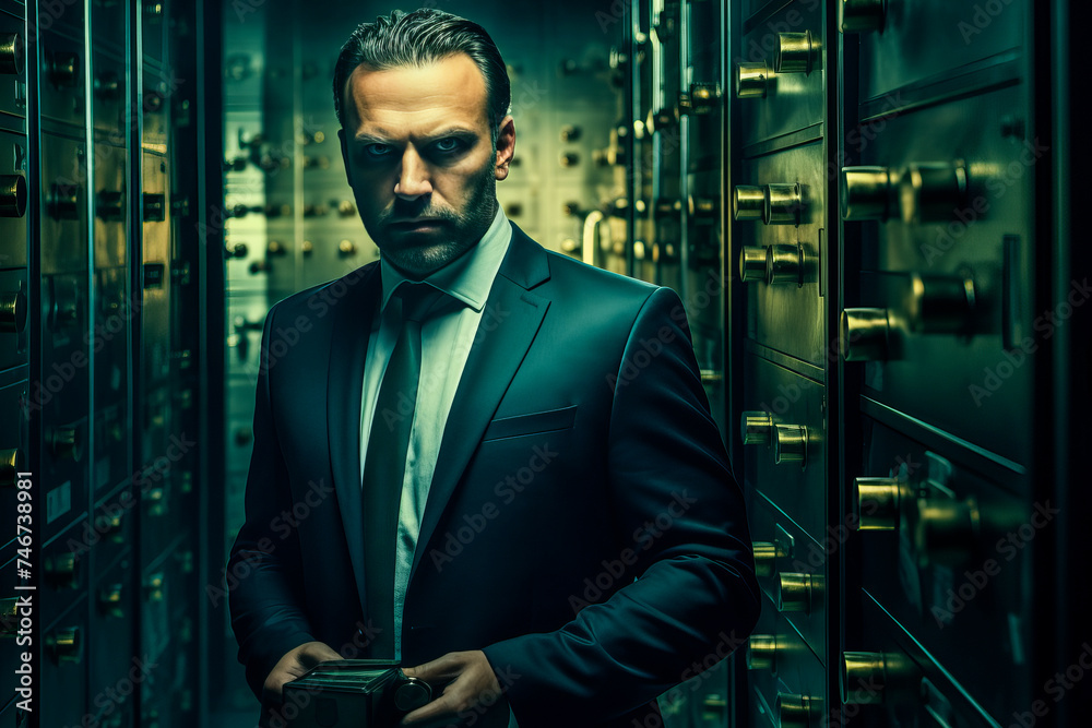 Fototapeta premium Serious bank employee in individual safe deposit boxes room in the bank's vault room, greenish light