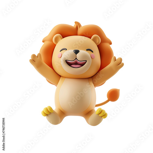 3D rendering cute cartoon characters Funny lion jumping happily on PNG transparent background.