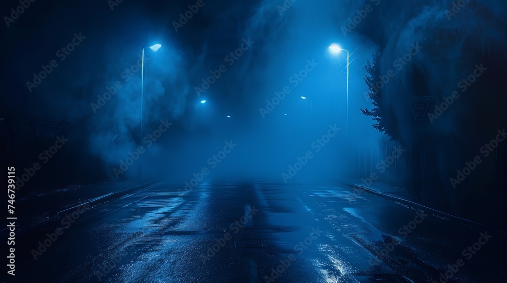 
In a dark street, wet asphalt glistens with reflections of rays dancing in the water. The scene is enveloped in an abstract dark blue background, with wisps of smoke 