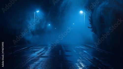  In a dark street  wet asphalt glistens with reflections of rays dancing in the water. The scene is enveloped in an abstract dark blue background  with wisps of smoke 