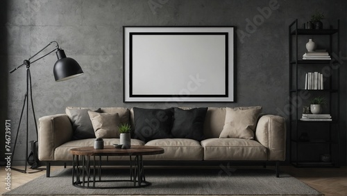 Blank frame mock up with black frame on the wall in living room interior