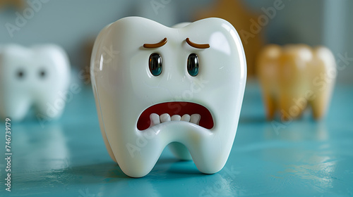 Illustration of 3D tooth with worried face, dirty and decayed. Decayed tooth, toothache and dental problems.