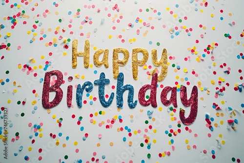 Playful confetti sprinkles complement the beautifully scripted  Happy Birthday  text on a clean  white backdrop  creating a celebratory composition captured in high definition for realistic vibrancy