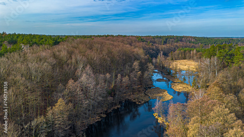 View from a drone of the cuttlefish river in Rozgarty, Poland