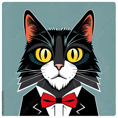 a cat from the front, wearing a black suit and tie, 2D, illustration, digital art, blue background