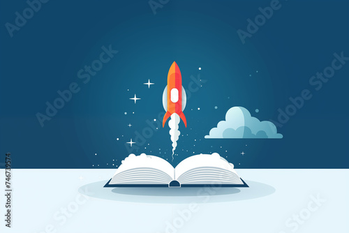 Capturing the power of imagination through a rocket launching from an open book into a starry sky, representing the boundless journey of reading