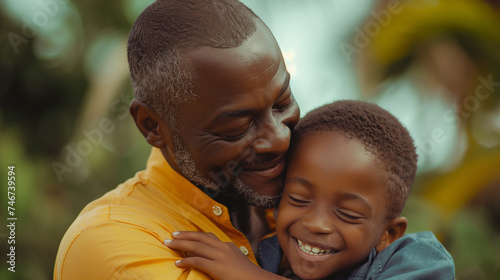 Happy african american father and son hugging. Affectionate candid father and child. Family day out at the park.