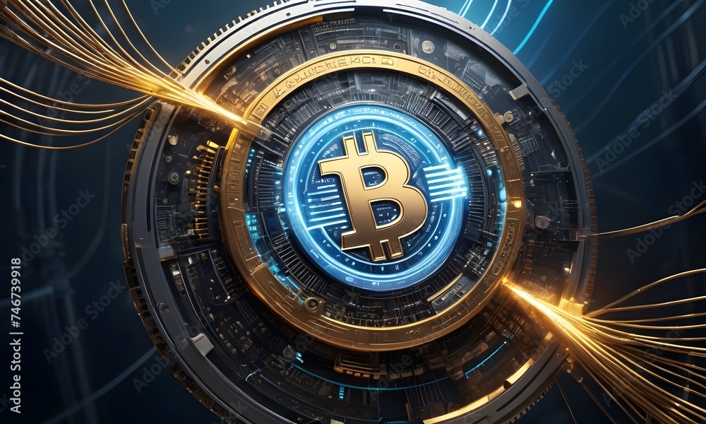 A Bitcoin coin ascends within a digital space, surrounded by blue energy and futuristic circuits, illustrating the ascent of digital currency in the global market. AI generation
