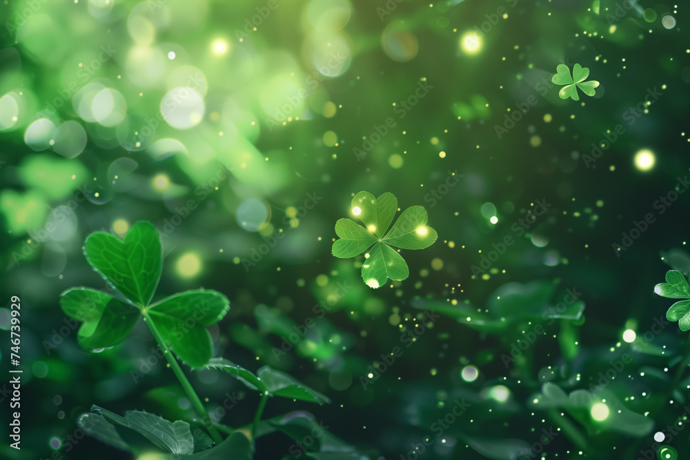 Glowing clover in green bokeh background Glowing clover in green bokeh background