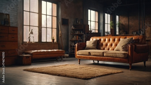 empty frame with Loft interior with sofa, vintage, and locker 