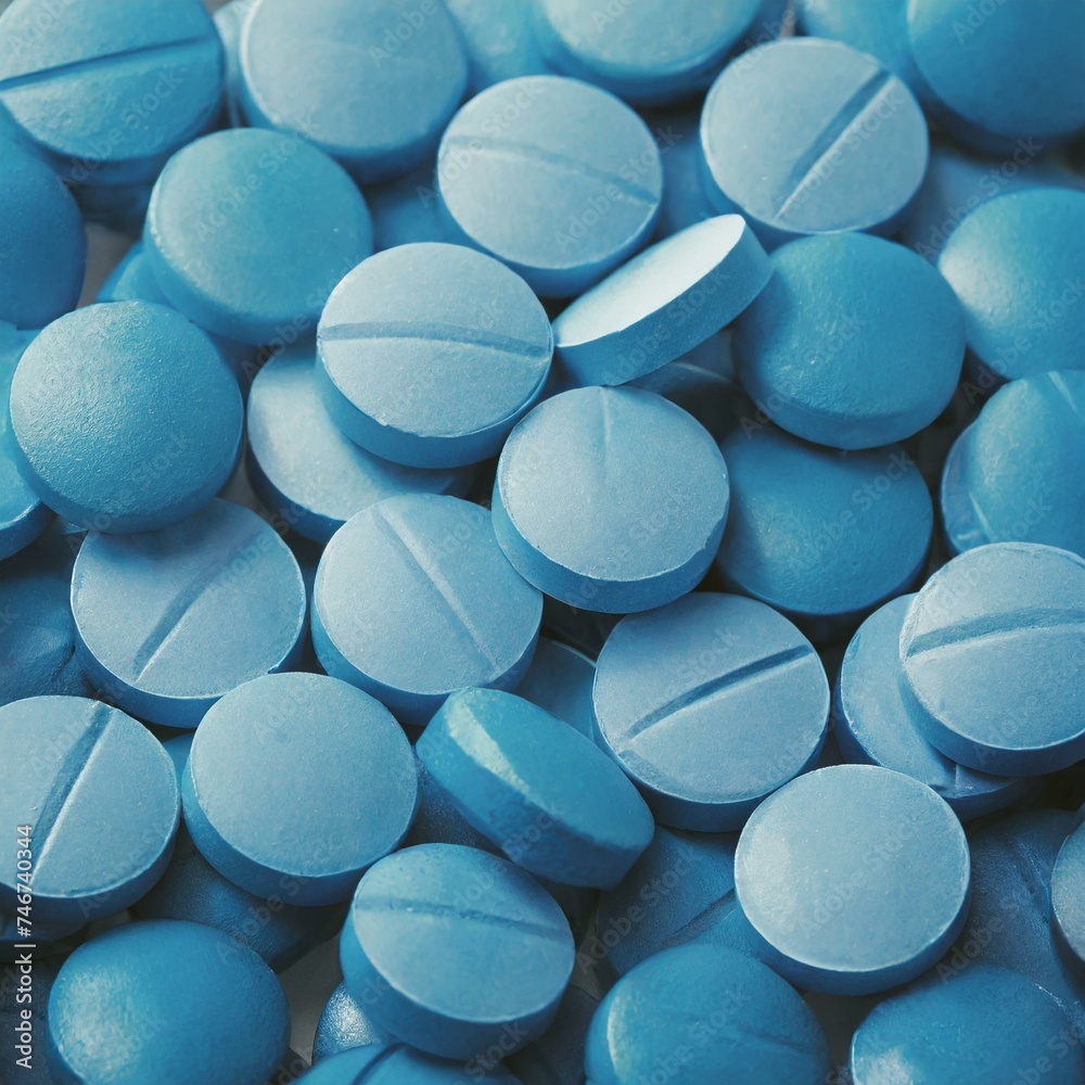 A blue background with various pills and medicines A blue background with various pills and medicines
