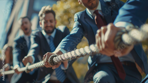 A group of business people play tug of war.