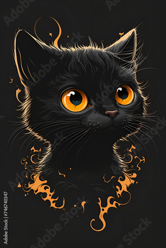 a black cat with yellow eyes, 2D, illustration, digital art, black background