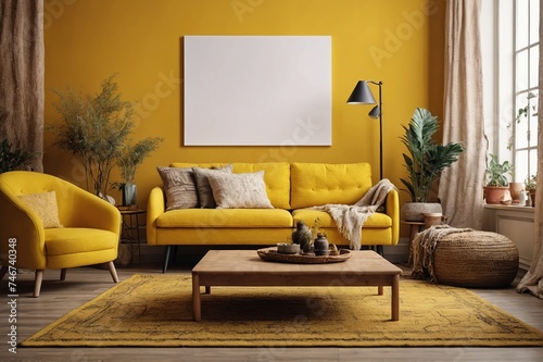 empty Mockup poster in the living room, the yellow sofa in bohemian style