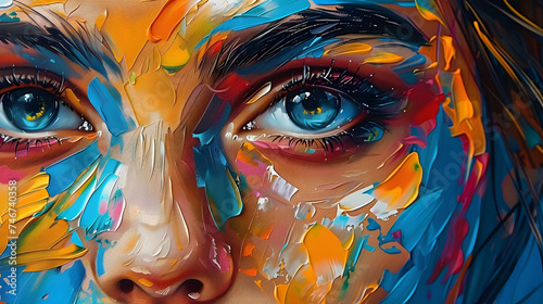 Oil painting of a woman face. Girl's face made from splashes of colored acrylic paints . Fantasy concept , Illustration painting.