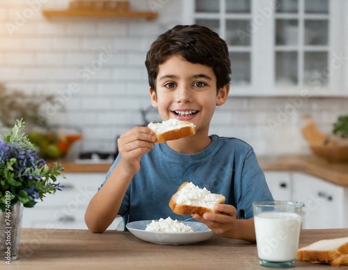 A child is eating a sandwich during their breakfast