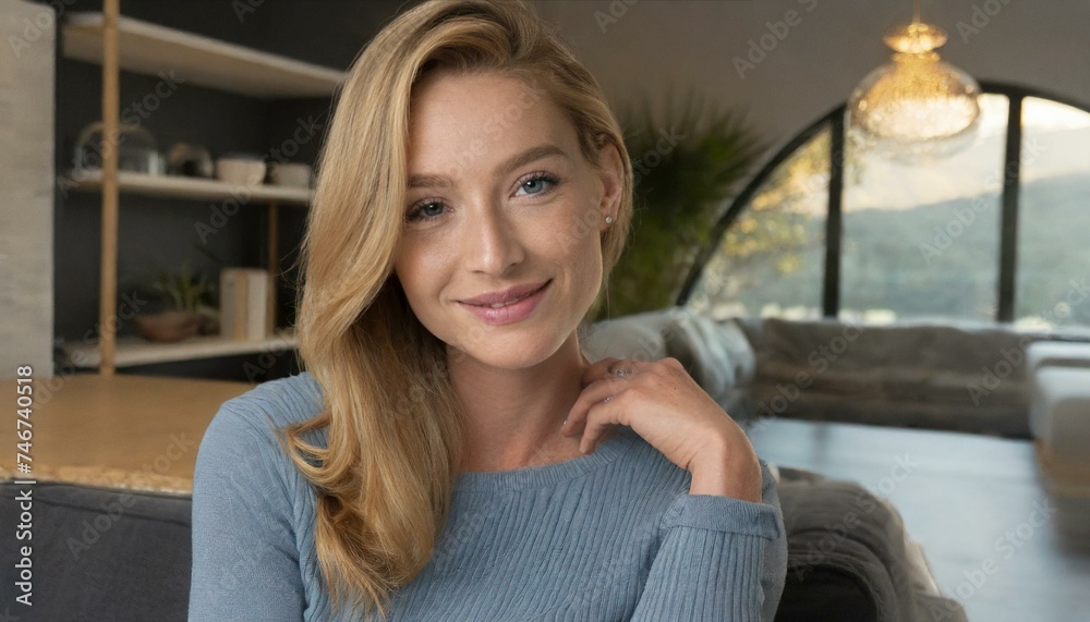Close-up of a woman posing in your living room. Close-up of a woman posing in your living room.