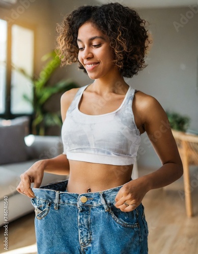 A woman is attempting to fit into a pair of large, old jeans as part of her weight loss journey.