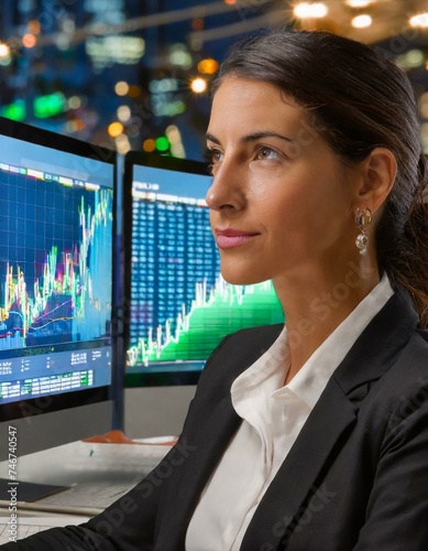 A businesswoman is working in her office, analyzing the stock market and studying the charts. (ID: 746740547)