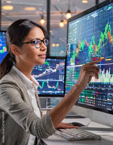 A businesswoman is working in her office, analyzing the stock market and studying the charts. (ID: 746740549)