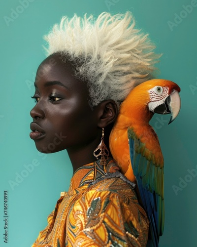 Creative portrait of a beautiful African woman posing with a multicolored parrot, a surreal yet harmonious coexistence of humans and wildlife. Avant- guard fashion photography.