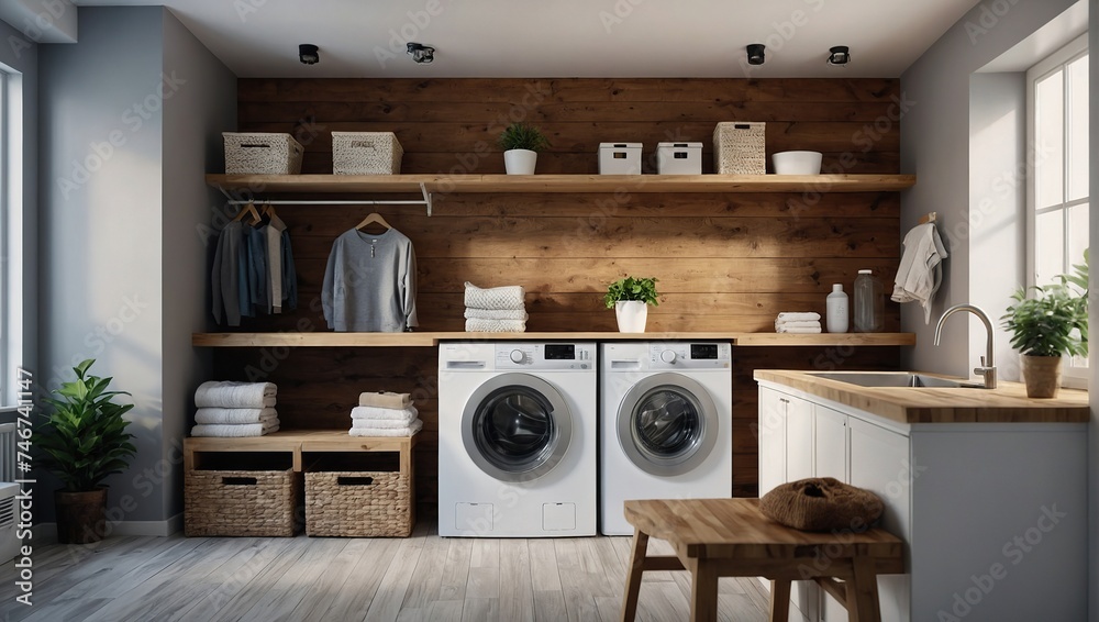 Mock up wooden counter and blurred laundry room interior with washing machines