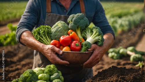 Farmer's hands holding fresh different vegetables harvest, field seasonal © tanya78