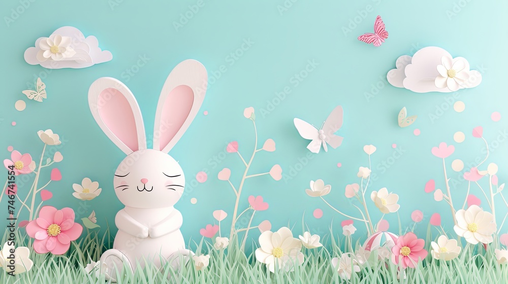 Happy Easter. blue paper Easter background with bunny and flowers