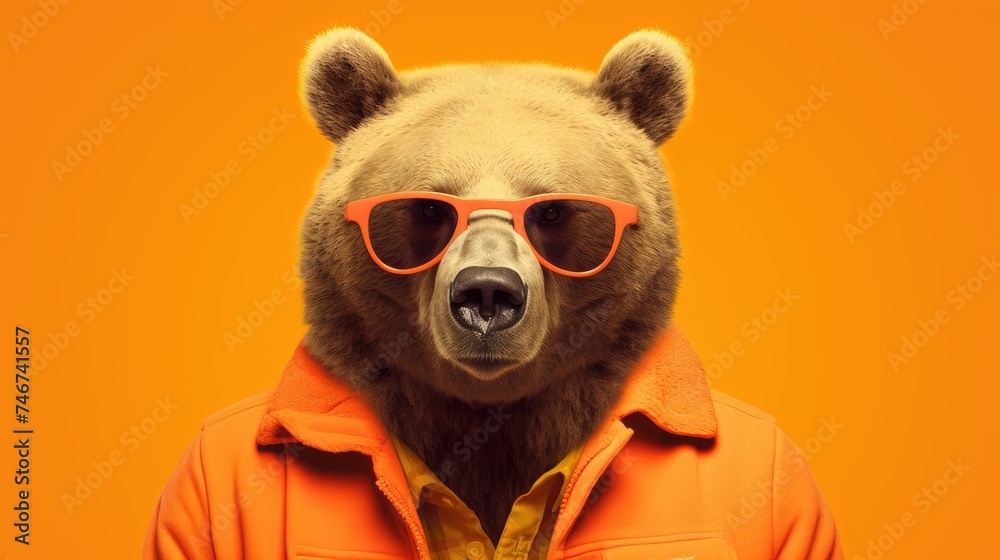 Grizzly with glasses. Close-up portrait of a grizzly. An anthopomorphic creature. A fictional character for advertising and marketing. Humorous character for graphic design. - obrazy, fototapety, plakaty 