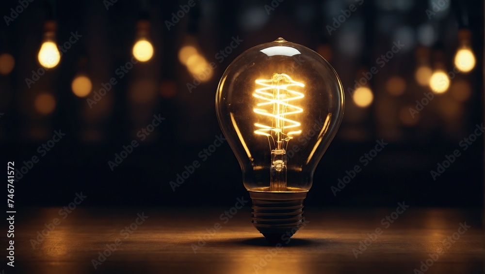 One of Lightbulb glowing among shutdown light bulb in dark area with copy space for creative thinking - obrazy, fototapety, plakaty 