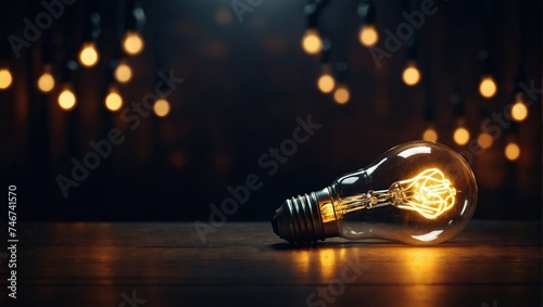 One of Lightbulb glowing among shutdown light bulb in dark area with copy space for creative thinking