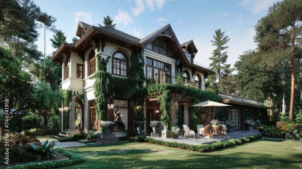 a luxurious two-story cottage nestled amidst lush greenery, with majestic green thujas towering nearby, evoking a sense of tranquility and elegance.