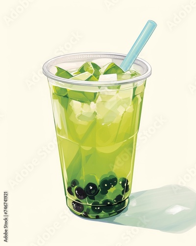 Bubble tea, watercolor styled painted illustration.