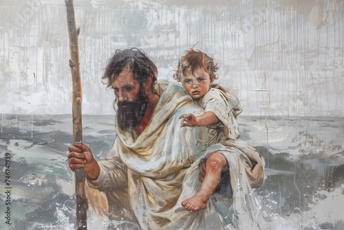 Patron saint of travel - St. Christopher carrying a boy accross water. Protect us - symbolic Catholic religious art photo