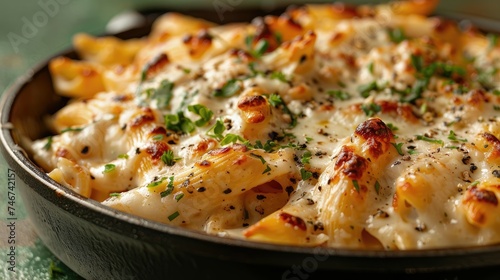 Baked pasta with melted cheese and herbs, close-up and appetizing.