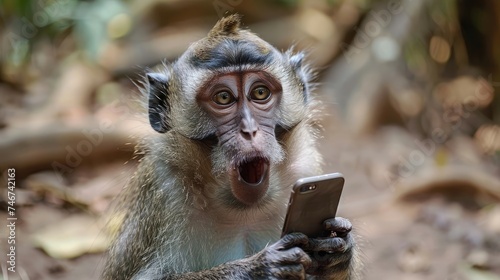 Surprised monkey with a smartphone in the forest.