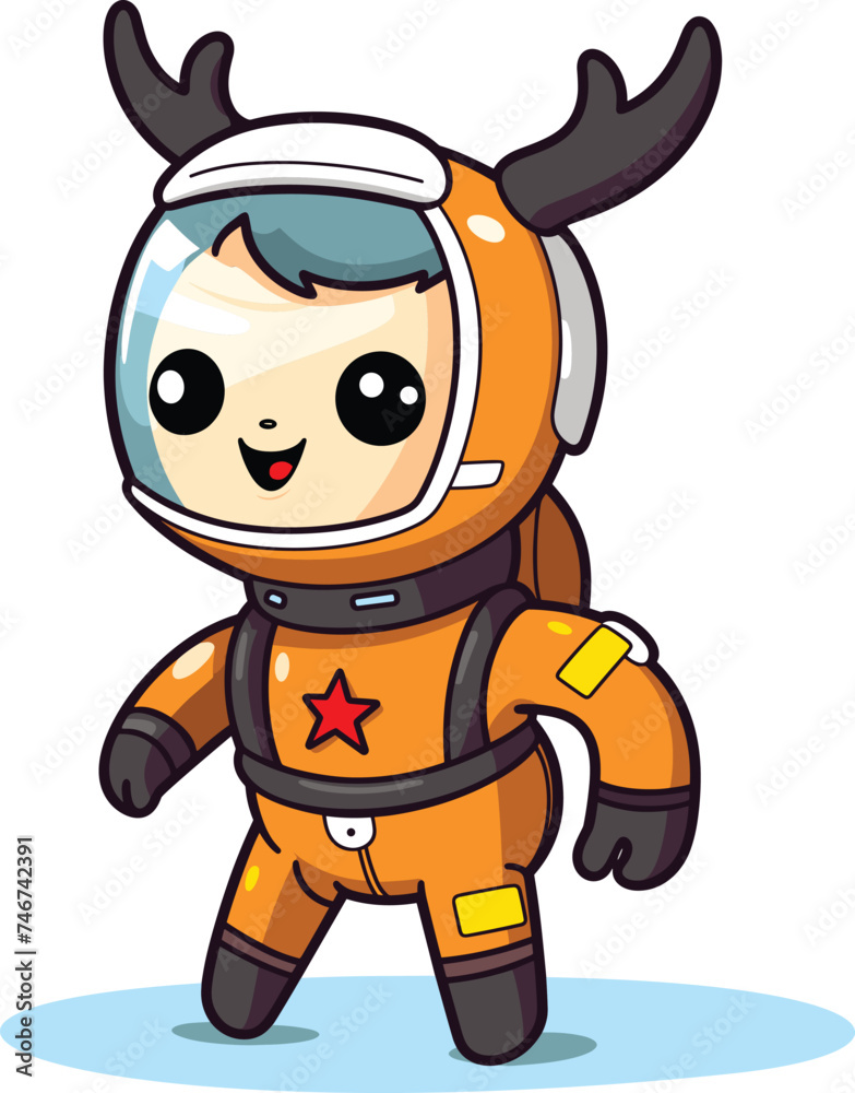 Fototapeta premium Cute cartoon astronaut antlers wearing space suit helmet. Childish spaceman character friendly smile, space exploration