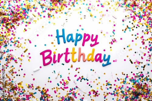 Neatly scripted  Happy Birthday  text surrounded by bursts of colorful confetti  creating a lively and celebratory scene on a clean  white background  captured with the vividness of an HD camera