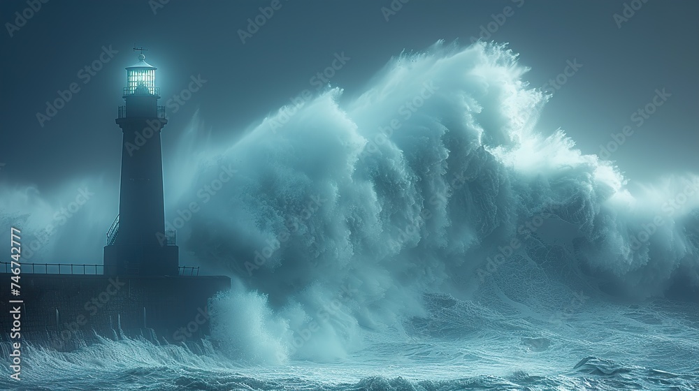 A photograph capturing a lone lighthouse standing against a colossal blue wave. The sky and ocean blend into a surreal blue landscape. Ai generative