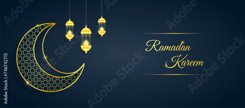 Ramadan Kareem. Gold moon and abstract luxury islamic elements background.