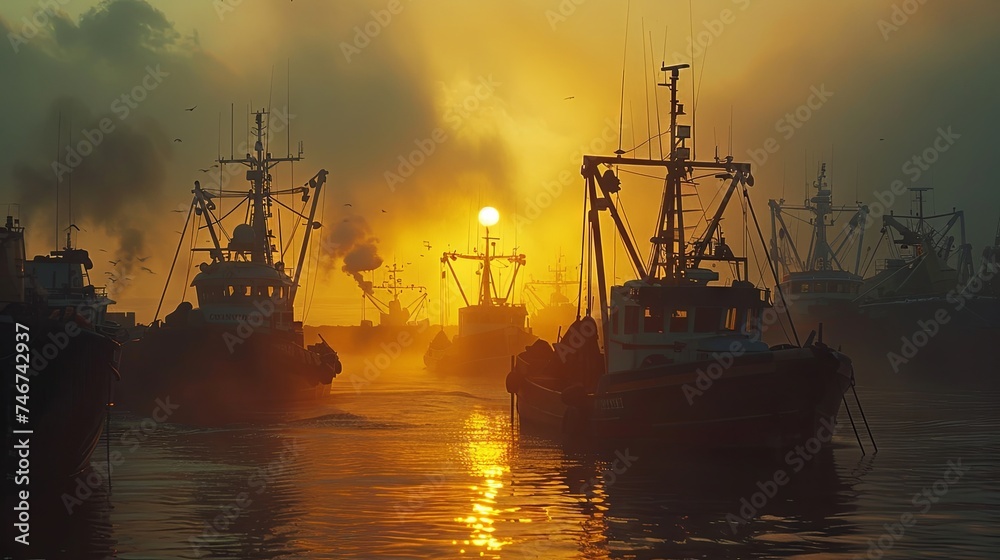 Fishing vessels moored at the harbor with a breathtaking sunset casting warm hues over the calm waters.
