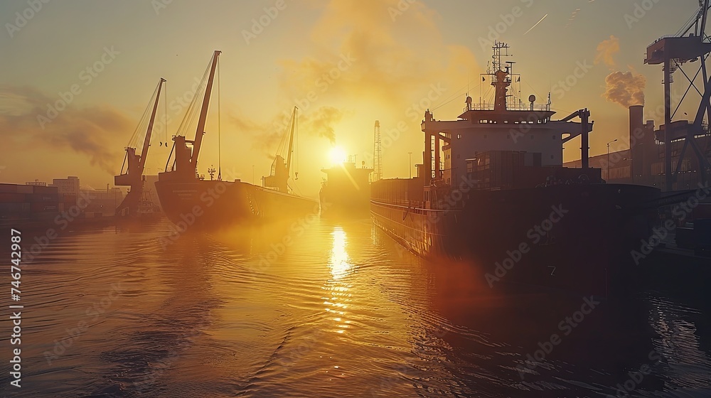 Fishing vessels moored at the harbor with a breathtaking sunset casting warm hues over the calm waters. Fishing vessels moored at the harbor with a breathtaking sunset casting warm hues over the calm waters.