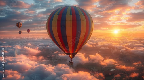 Above clouds, multi-colored hot air balloons, warm atmosphere. Ai generative