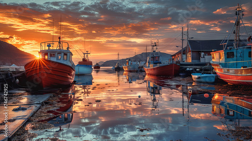 Fishing vessels moored at the harbor with a breathtaking sunset casting warm hues over the calm waters.