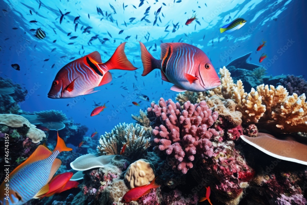 Fototapeta premium Fish over a coral reef in the sea.