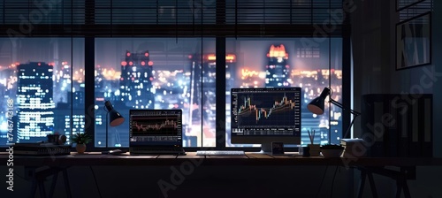 A workstation with a forex chart on the monitor and a view of the city at night. Concept of business and finance