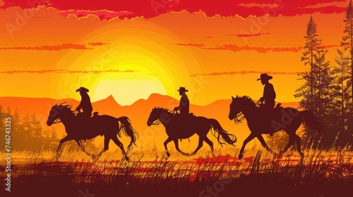 Silhouettes of cowboys riding horses at sunset