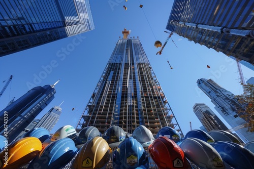 An under-construction skyscraper towers into a clear blue sky, a symbol of ambition and growth.